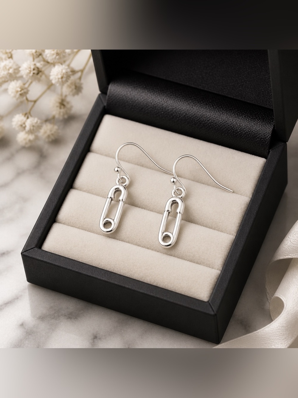 Silver Safety Pin Drop Earrings - hypoallergenic hooks